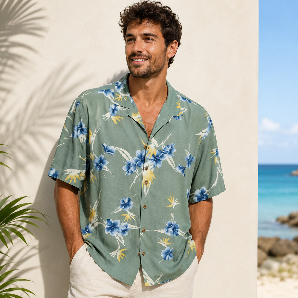 Tommy Bahama 100 Silk Hawaiian Camp Shirt Mens XL Green Floral Bird of Paradise